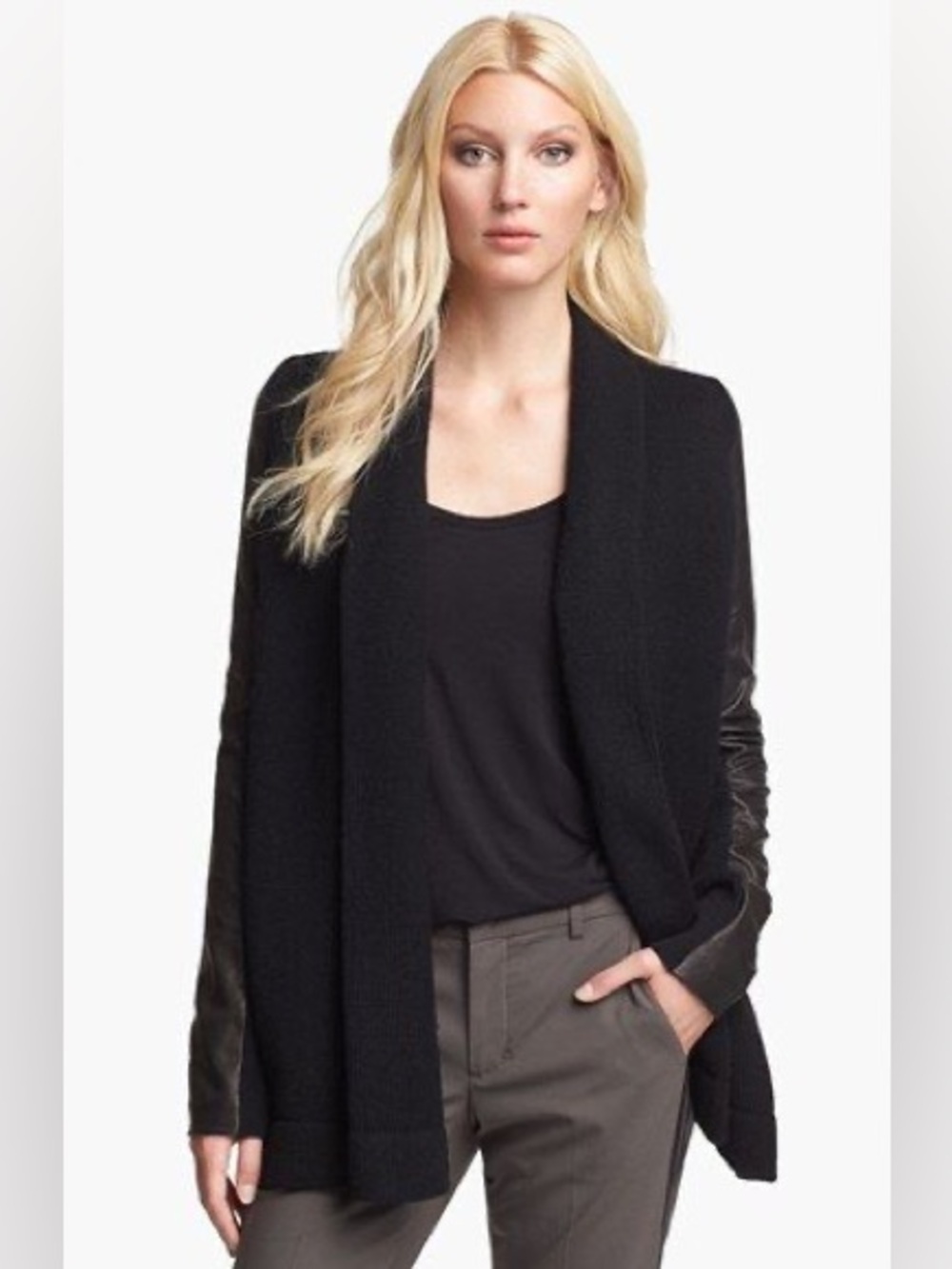 Vince Leather Sleeve Wool Yak Blend Open Front Cardigan Sweater XS Black